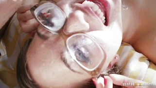 Riley Reid jerks his enormous dick until it blows hot sticky cum on glasses