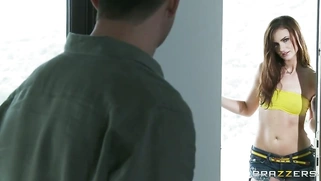 Lily Carter seducing Keiran by showing him her 100% natural perky tits