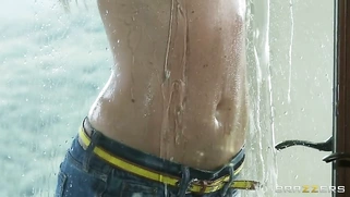 Lily Carter seducing Keiran by showing him her 100% natural perky tits