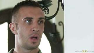 Lily Carter seducing Keiran by showing him her 100% natural perky tits