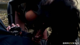 Black haired babe Stacey Lacey wraps her sexy lips around his shaft