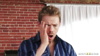 Big boobed blonde Jacky Joy sticking her shaved cunt with a big glass dildo