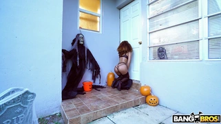 Cecilia Lion sucks Jmac's cock through the hole in the door