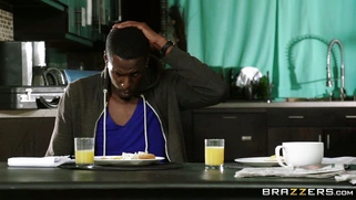 Janet Mason starts sucking on her stepson's black cock while her husband reads the paper