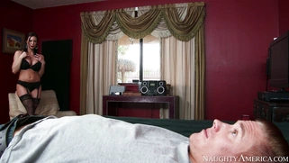 Kendra Lust in a silk stockings and a black lingerie seducing young stud