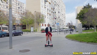 Pamela Sanchez riding the hover board with the dildo