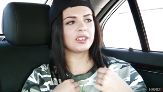 Keisha Grey squeezing her big natural tits on the backseat