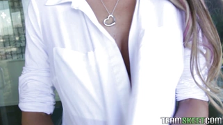 August Ames get her 32DD boobs worshiped for the camera