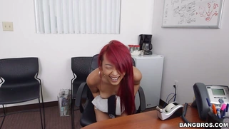 Shy amateur redhead Asian Miko Dai undresses while giving interview