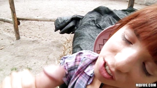 Redhead girl Tina Hot sucks hard dick outdoor