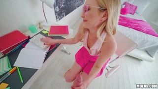 Adira Allure in glasses is sucking cock in POV