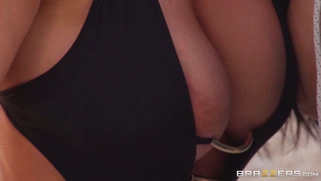 Romi Rain giving him amazing deepthroat blowjob on the beach