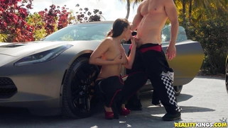 Katana Kombat is sucking cock and licking balls outdoors