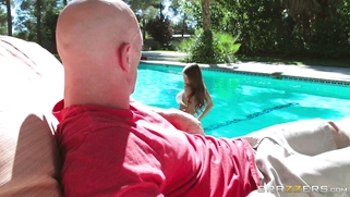 Madison Ivy has him drink water off of her little feet and big tits