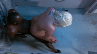 Filthy blonde Princess Paris enjoy interracial sex in a restroom