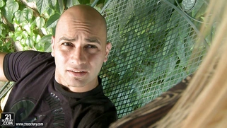 Sexy blonde Blue Angel sits on a bald dude's face