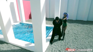 Purple haired slut Alina Li slobbers a stud's hot cock