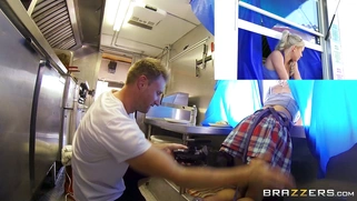 Marsha May works a busy hot dog stand while getting her tight pussy eaten