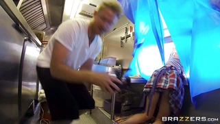 Marsha May works a busy hot dog stand while getting her tight pussy eaten