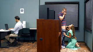 Abigail Mac on her knees gives blowjob to Xander