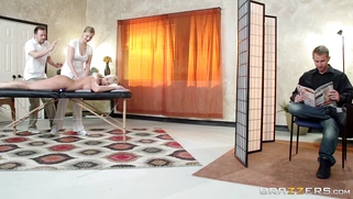 Leya Falcon gets fingered during massage while her boyfriend isn't looking