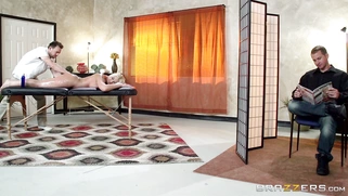 Leya Falcon gets fingered during massage while her boyfriend isn't looking