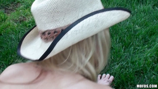 Alix Lynx in cowgirl hat gets pounded on a lawn
