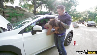 Cecilia Lion on the driver's seat is sucking cock