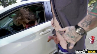 Cecilia Lion on the driver's seat is sucking cock