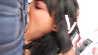 Ebony Kiki Minaj is sucking two hard white cocks