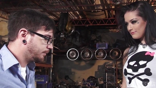 Brunette slut Katrina Jade has him lick her feet in the garage