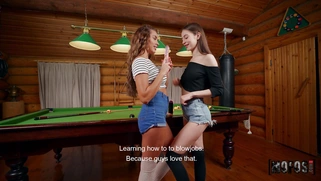 Luxury Girl and SolaZola are sucking the dildo