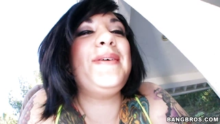 Christine Rhydes working that giant boobs out by the pool