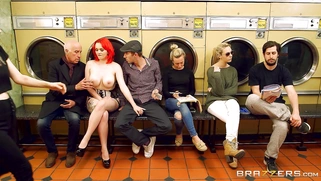 Jasmine James strips down in front of all the other customers at the laundromat