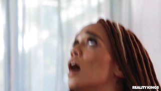 Ebony Julie Kay in ripped jeans is riding the hard white rod