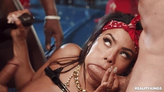 Luna Star is sucking three big cocks outdoors