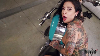 Joanna Angel leaned on the bike and got her pussy nailed