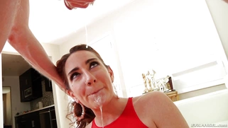 Savannah Fox giving him an extra slippery deepthroat blowjob