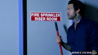 Grizzled custodian finds Abigail Mac rubbing her pussy