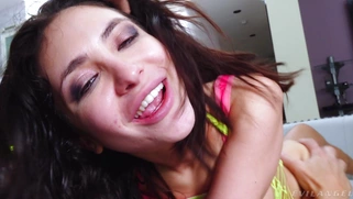 Jane Wilde in ripped fishnet outfit anally rides the hard cock