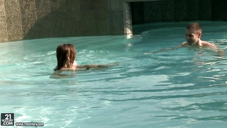 Slender babe Mary Wet takes a dip into the pool of pleasure with Toby