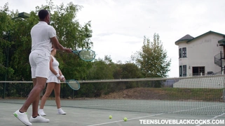 Busty August Ames flirting with her tennis couch
