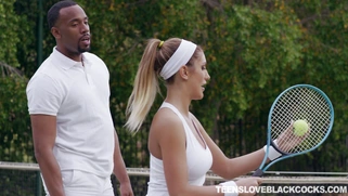 Busty August Ames flirting with her tennis couch