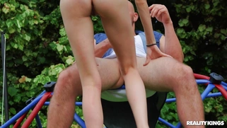 Redhead Ava Parker slides her shaved pussy on the big boner