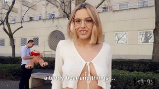 Lya Missy in glasses gives blowjob outdoors