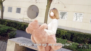 Lya Missy in glasses gives blowjob outdoors