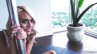 Playful blonde teen Janice Griffith shows striptease