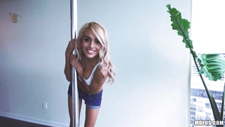 Playful blonde teen Janice Griffith shows striptease