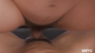 Natural busty Asian rides the hard dick with her hairy pussy