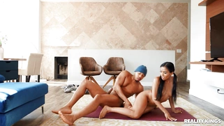 Jada Kai lying on her side gets pussy plowed by the black cock